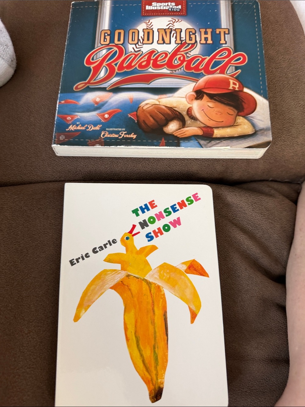 2 kids board books.  Goodnight Baseball & The Nonsense Show